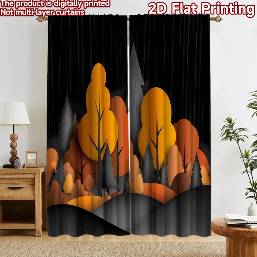 2D flat printing 2pcs Curtain Window Drapes Autumn Forest Illustration Digital Printed Polyester Drapes Festive Wall Decor 60×150cm(23.6×59in)