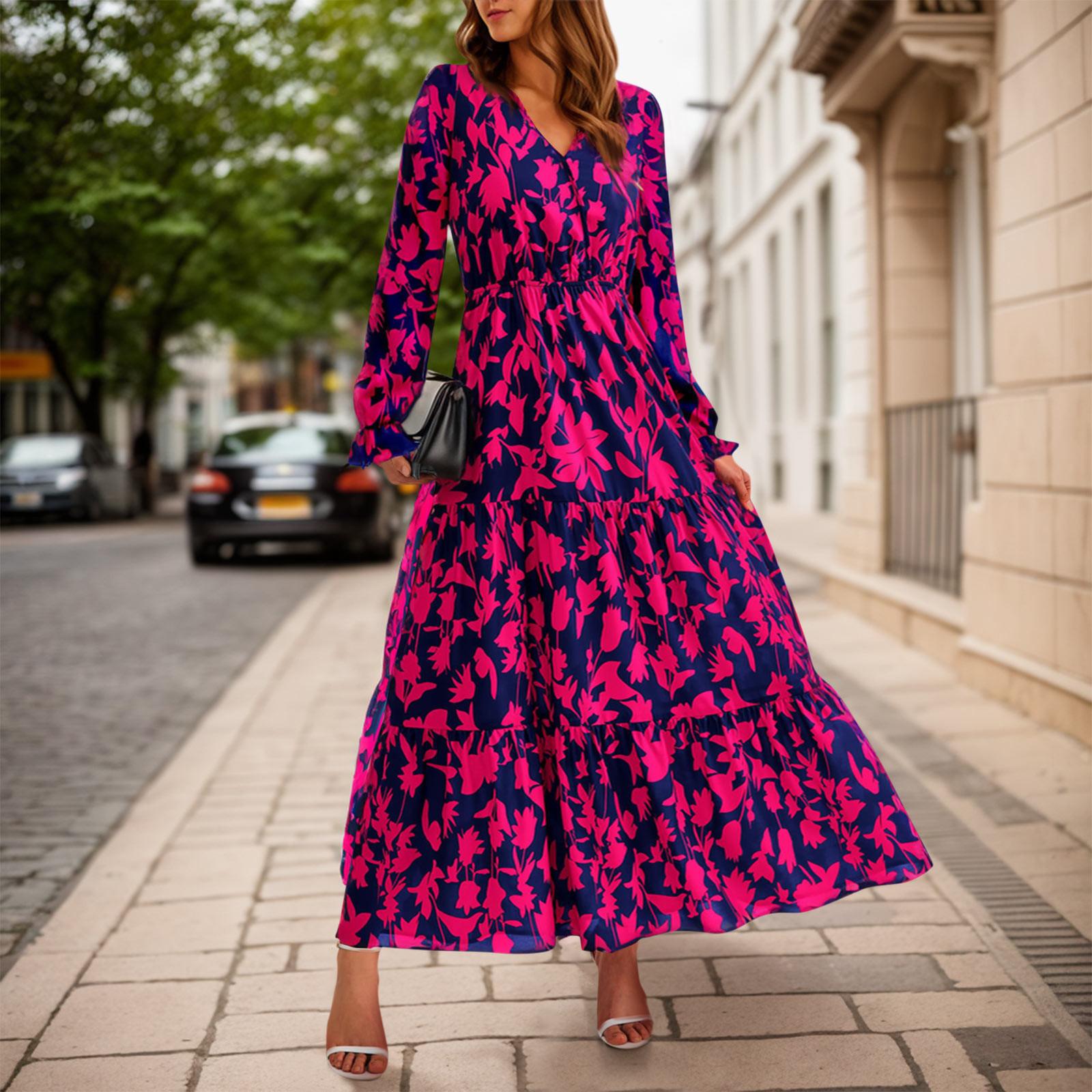 

Женское повседневное платье макси с длинным рукавом и V-образным вырезом в богемном стиле для свадебного гостя L горячий розовый