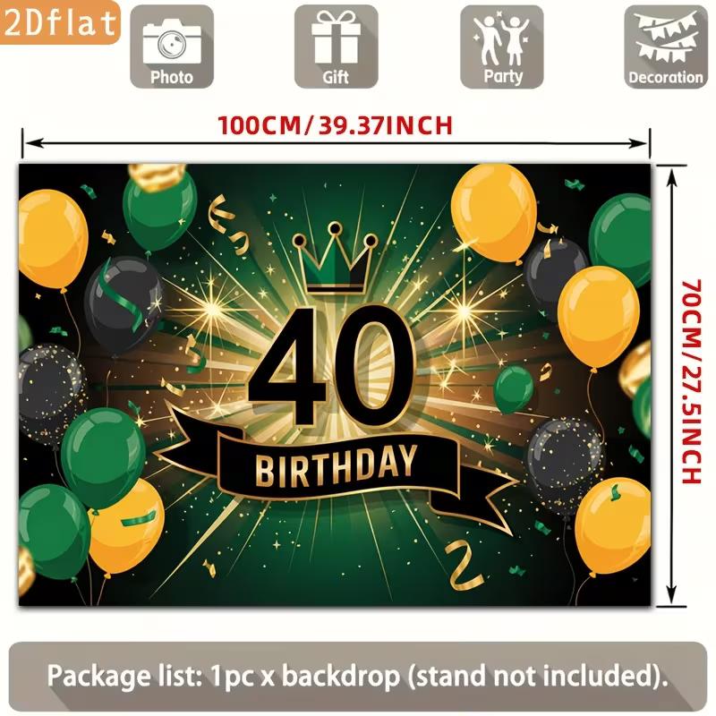2D 40th Birthday Party Backdrop Green Gold Balloon & Crown Themed Photography Background
