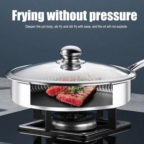 Stainless Steel Frying Pan Dual-Sided Grill for Steak & Eggs One-piece Handle Skillet Commercial Grade Corrosion-resistant Cookware Ergonomic Handle