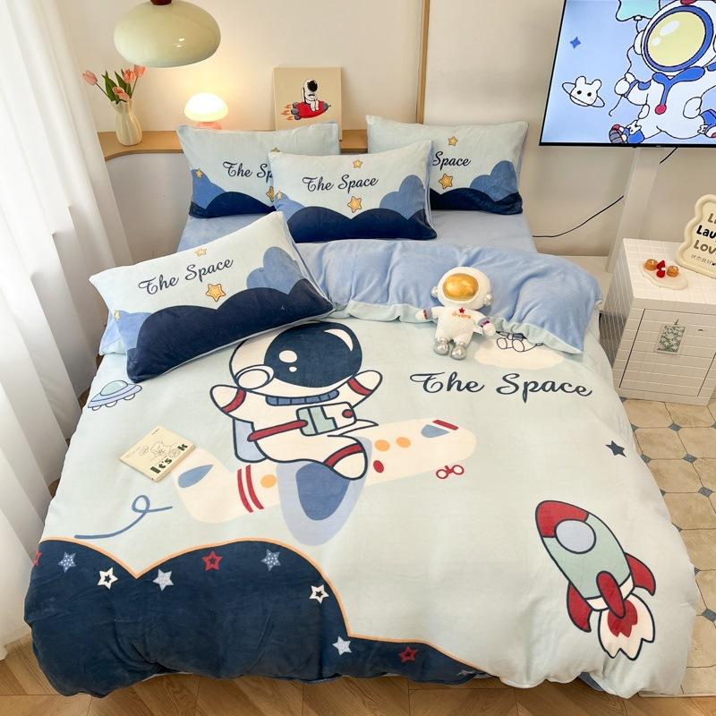Thickened Milk Fleece Four-Piece Set, Fleece Astronaut Flange Coral Fleece Children'S Bed Sheet Quilt Cover Three-Piece Set Men