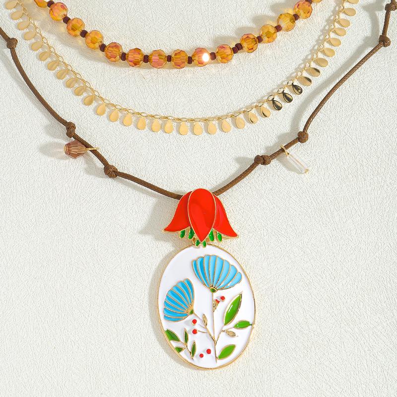 

Boho Style Handmade Beaded Multi-Layer Alloy Drop Oil Painting Flower Geometric Pendant Necklace For Women Statement Jewelry