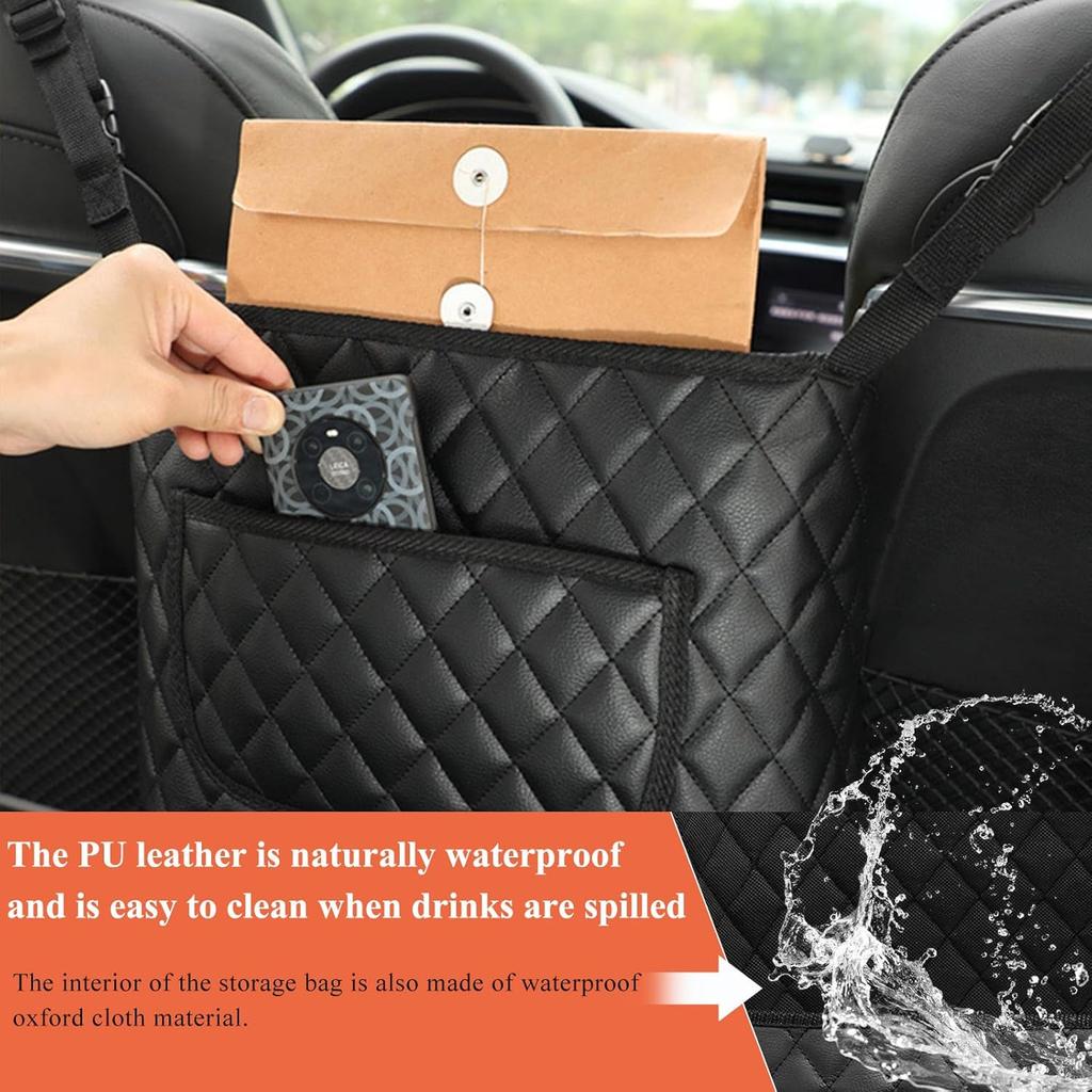 Car Purse Holder Between Seats, Large Capacity Leather Auto Front Seat Handbag Organizer Pocket, Backseat Barrier Storage Bag for Kids Pet, Universal