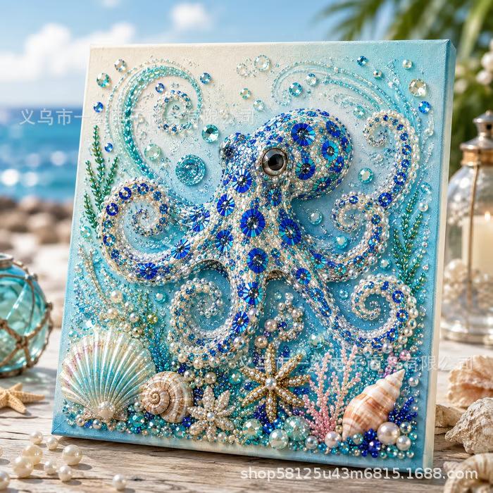 Ozean-Thema Perlenkunst DIY-Set Meeresperlen-Malerei Bastelset Handgemachte Dekorative Kunst Geschenk für Erwachsene Kinder 20*20cm without frame blue