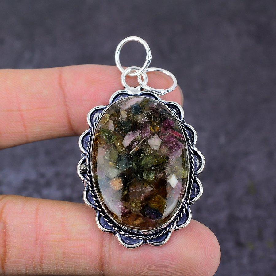 Pierre Gemme Tourmaline Pastèque Pendentif Fait Main en Argent Sterling 925 2,29" K6B36