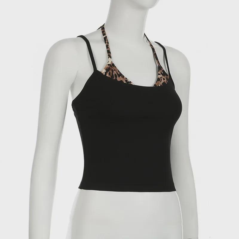 Wild Leopard Print Patchwork Crop Top - American Retro Color Block Camisole