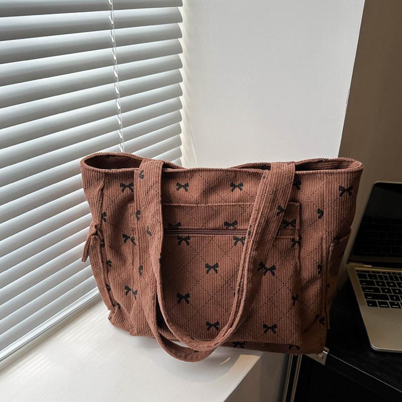 Women Corduroy Tote Bag Stylish Large Capacity Casual Commuting Bag Bow Pattern Design Simple Shopping Bag Chic Handbags CLE