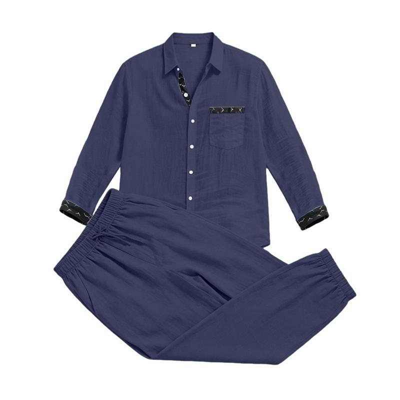 Men's 2‑Piece Linen‑Blend Set, Long‑Sleeve Button Shirt with Contrast Pattern Trim & Chest Pocket, Drawstring Jogger Pants Breathable Casual Outfit