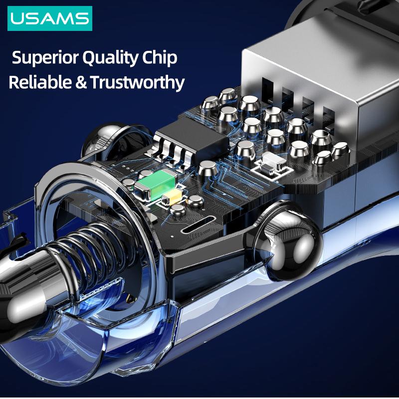 USAMS 5V 3A 15W Dual USB Car Charger Mini Car Quick Charger With Blue Ambient Light For iPhone 13 12 iPad Huawei Samsung Xiaomi