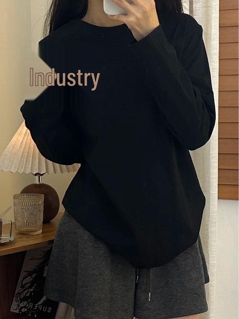 Unisex Solid Color Thickened Round Neck Long Sleeve T-shirt for Autumn/Winter