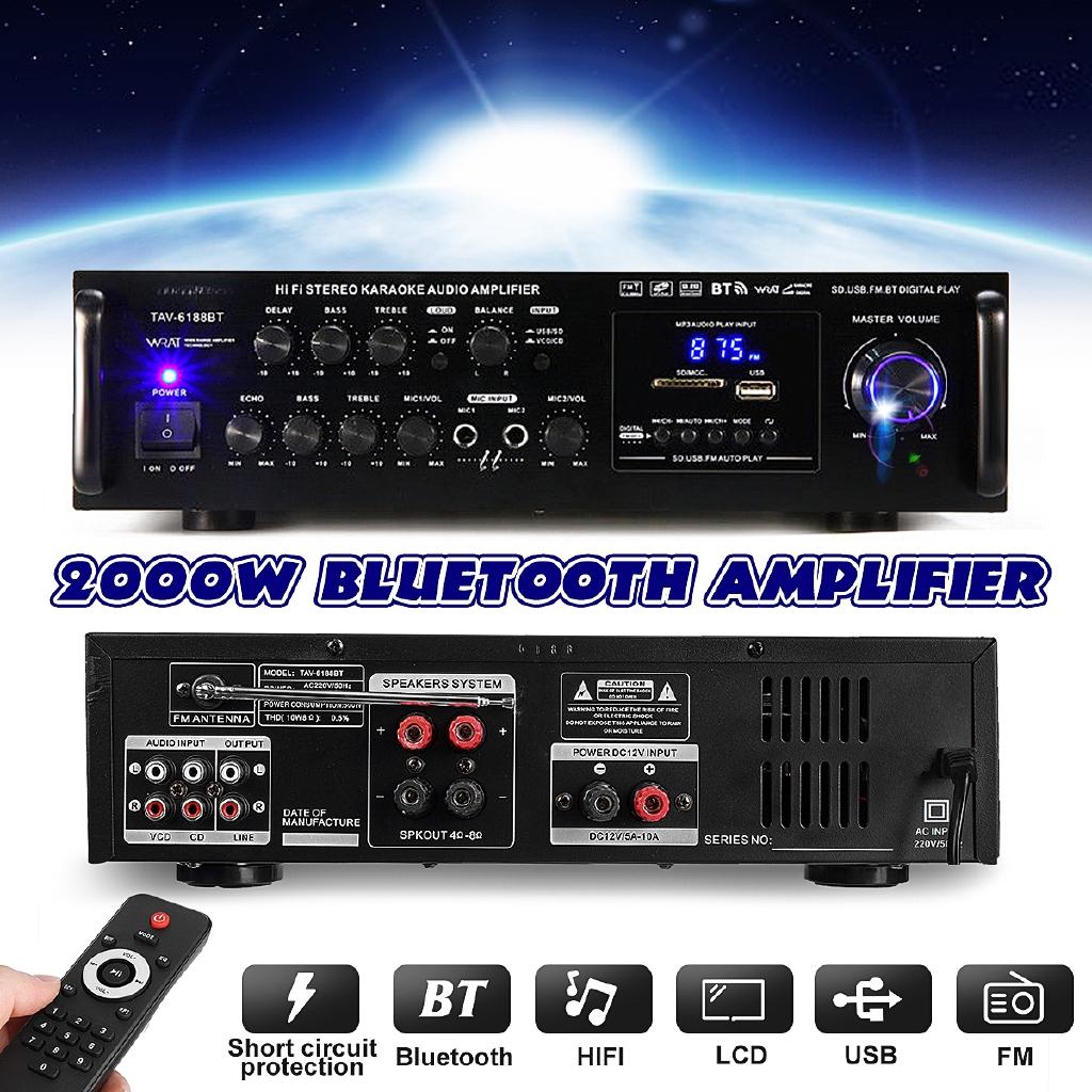 4ohm Bluetooth Stereo Karaoke Amplifier 2000W Support 2 MIC Input FM RC 110-230V