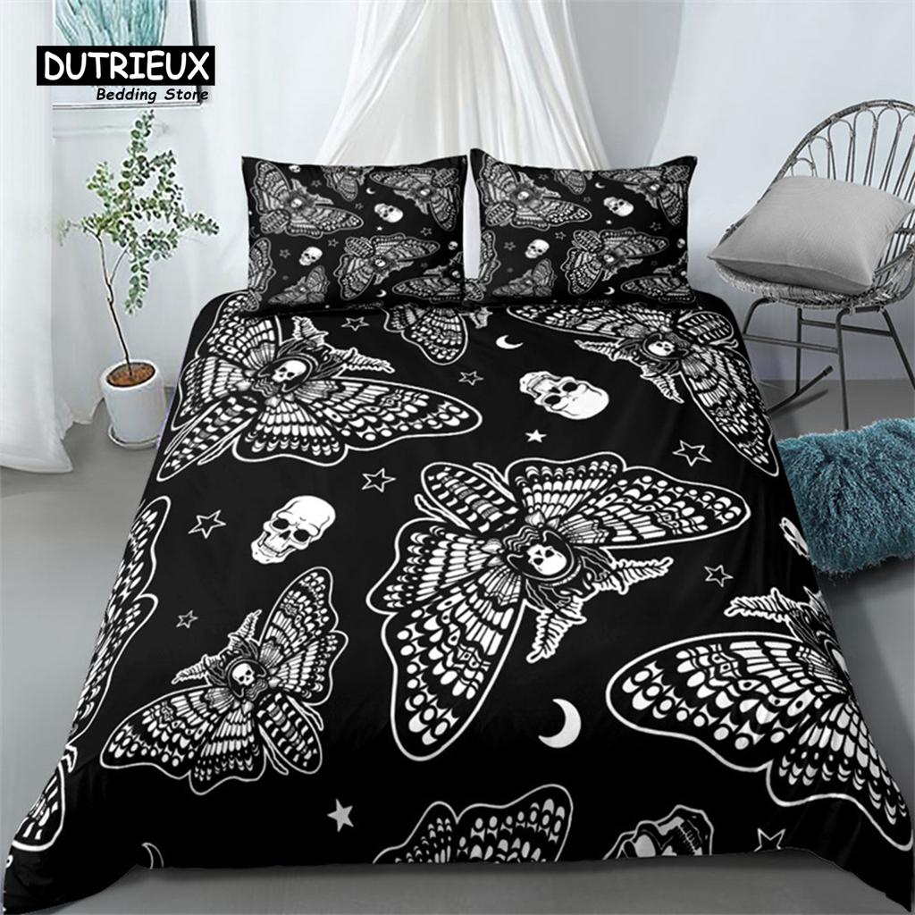 Gothic Skull Bedding Set Death Moth Flowers Print Duvet Cover Skeleton Bones Butterfly Pillowcases