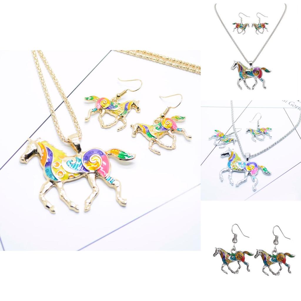 Ensemble Collier Boucles d'oreilles Pendentif Poney Arc-en-ciel Tendance avec Design Dégradé Coloré