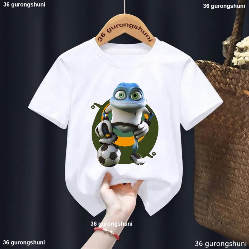 Nové tričko pro kluky/holky Vtipný kreslený potisk Žába, Dětská móda Trendy oblečení pro kluky Bílé s kulatým výstřihem Dětské tričko Top 1-13