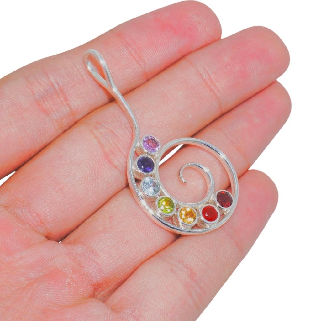 Chakra pendant, 92.5% silver multi gemstone pendant, chakra collection, unique shape, healing jewelry