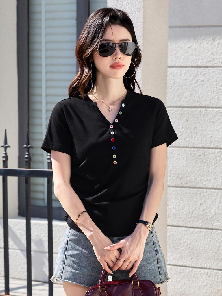 2026 Slim-Fit Short-Sleeve T-Shirt with Colorful Buttons - Korean Style Slimming, Versatile, and Sweet Women's Summer Top