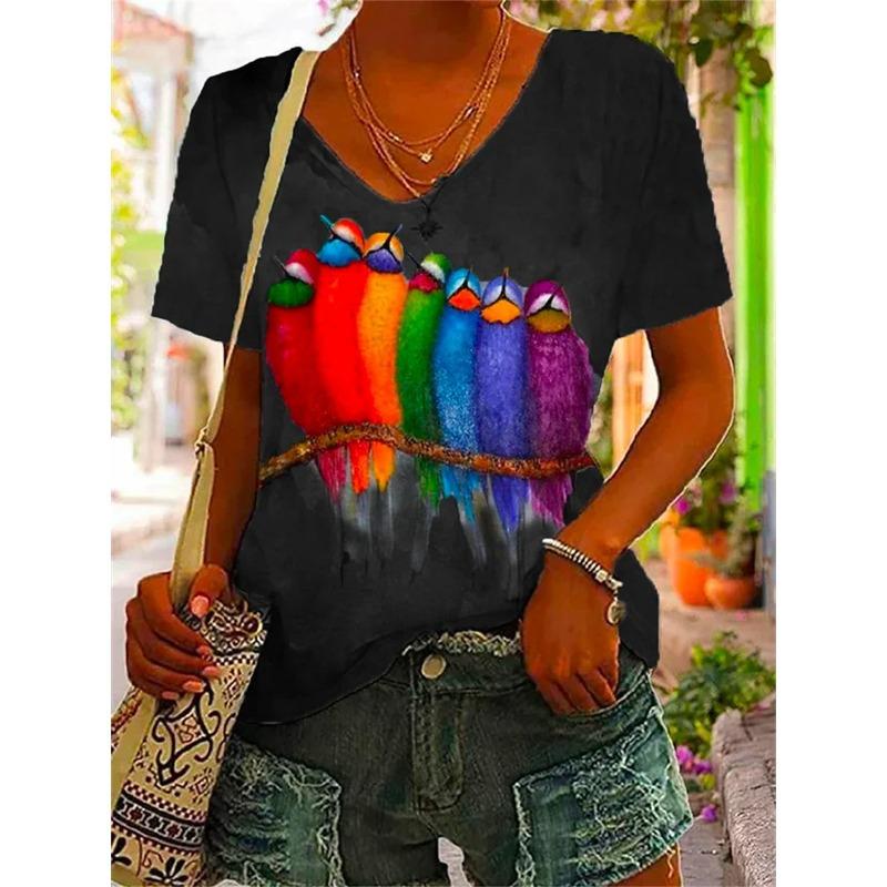 Women Tshirt Summer Colorful Print Gradient Clothing V Neck Short Sleeve Animal Tops Streetwear Fashion Oversized Girls T-Shirts