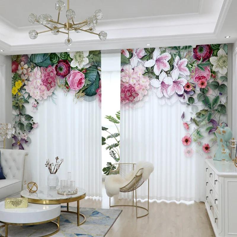 3D Rosa Blume Vorhang Grüne Pflanze Pastoral Dekor Transparenter Sichtschutzvorhang Wohnzimmer Schlafzimmer Bodenlanges Fenster Voile Vorhang