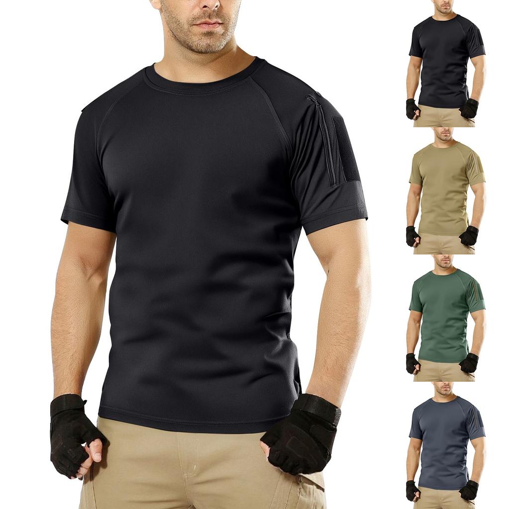 Men's Summer Color Button Zipper Pocket Round Neck Loose Short Sleeve Top