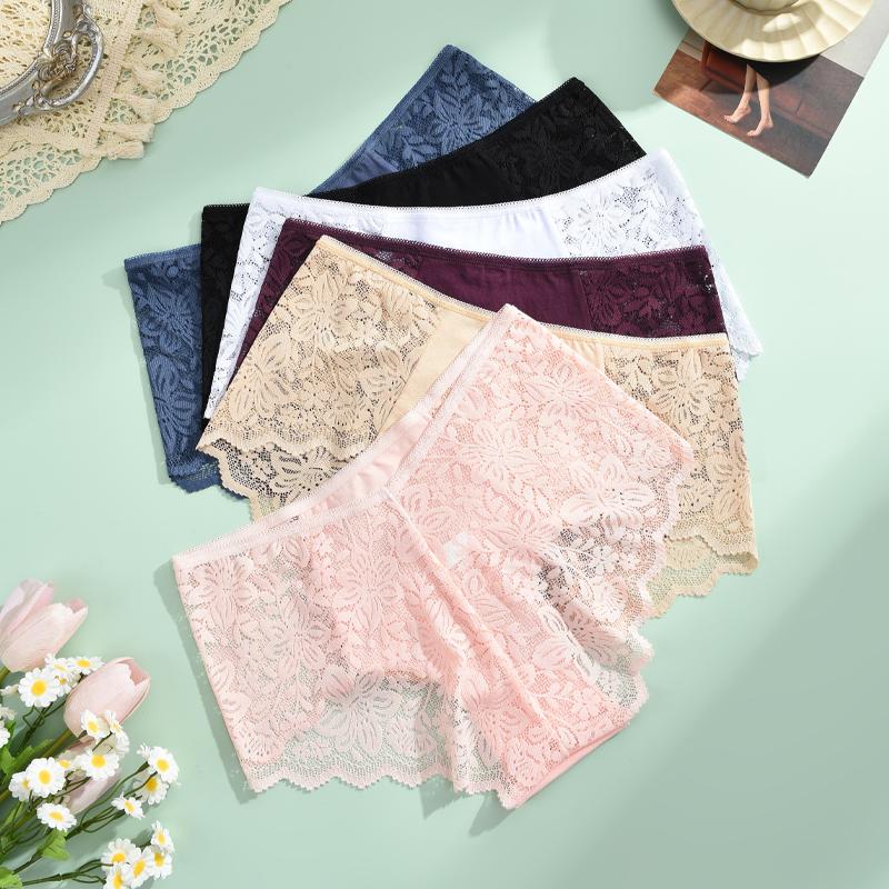3Pcs Women's Lace Panties Sexy Hollow Out Boyshort Underwear Transparent Floral Underpants Girls Tempting Lingerie S-XXL