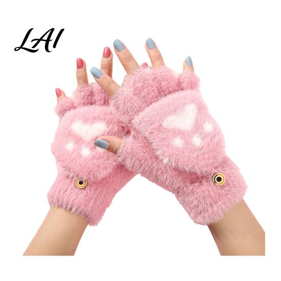 Convertible Mittens for Women Furry Cat Paw Thermal Gloves Flip Top Mitten with Button Women Winter Comfortable Indoor Outdoor Gloves Plush