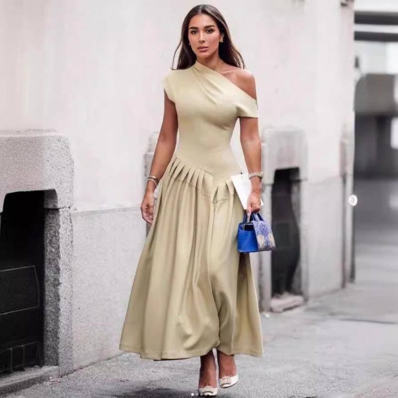 Summer Asymmetrical Neck Short Sleeve Ruched Dress for Women