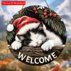 2d Düz Noel Hoş Geldin İşareti - 20x20 Cm, Ahşap Yuvarlak Asılı Süsleme Uyuyan Kedi Tasarımı ile, Çelenk Aksanları için Mükemmel, Yeni