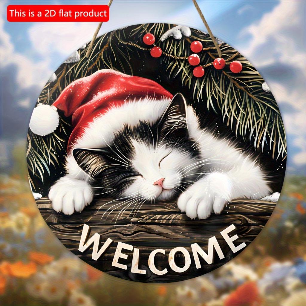 2d Düz Noel Hoş Geldin İşareti - 20x20 Cm, Ahşap Yuvarlak Asılı Süsleme Uyuyan Kedi Tasarımı ile, Çelenk Aksanları için Mükemmel, Yeni