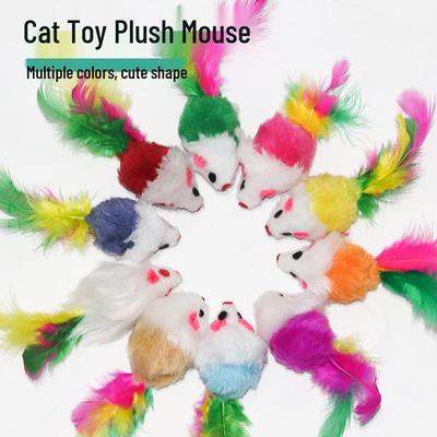 Plush Mouse with Sound & Colorful Feathers - Interactive Cat Teasing Toy
