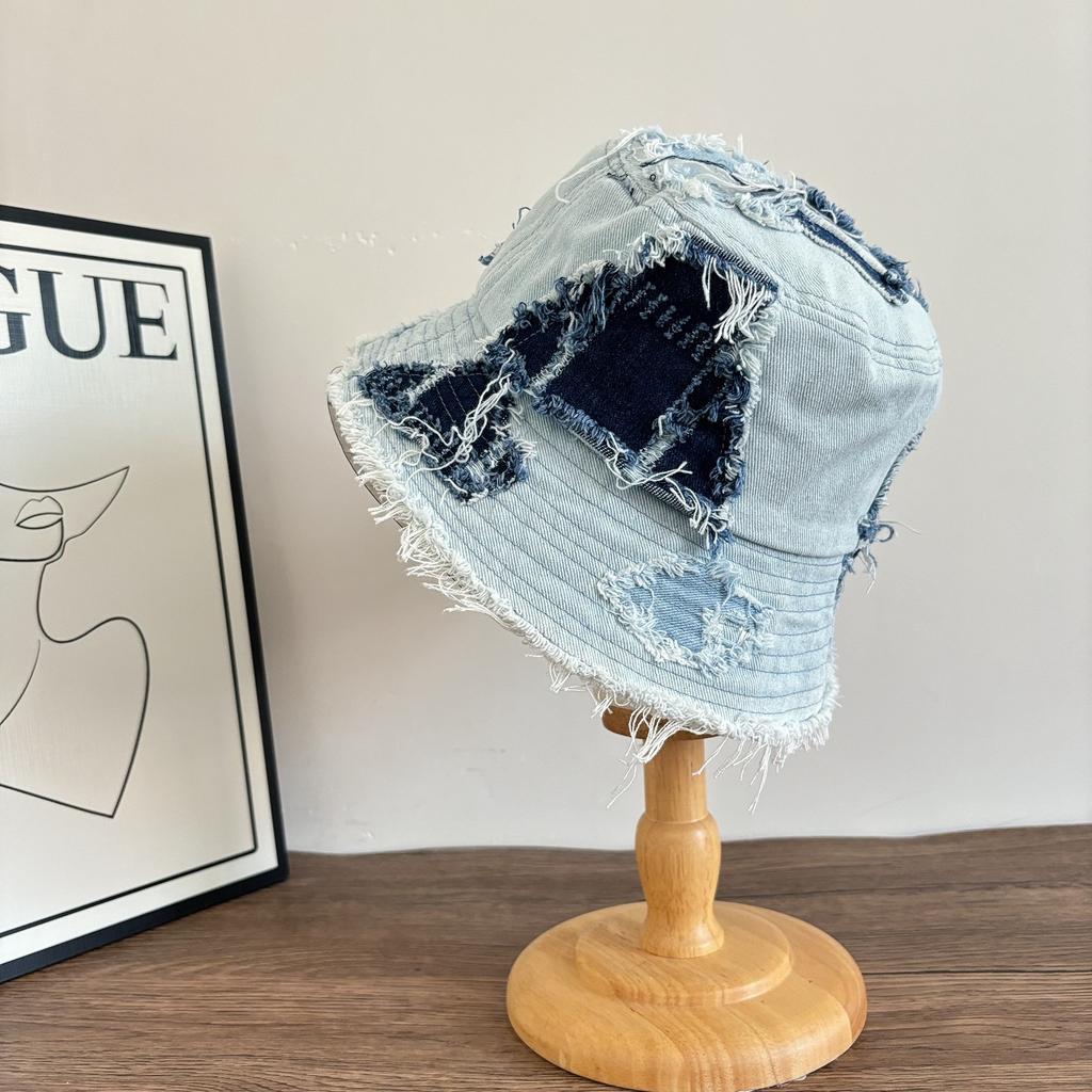 Japanese Korean Style Denim Bucket Hat Women Spring Summer Ins Fashion Patch Design Face Slimming Sun Visor Hat