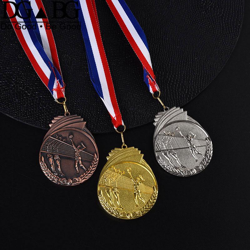 Gold Silver Bronze Medals 1St 2Nd 3Rd Volleyball Sports Trophy Award Bright Antique Attached Red White Blue Ribbon Souvenir Gift