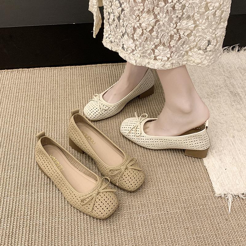 Square Head Gentle Temperament Mesh Women's Single Shoes 2025 Spring and Summer New Thin Shoes Medium Heel Shoes Square Head Commuting Single Shoes