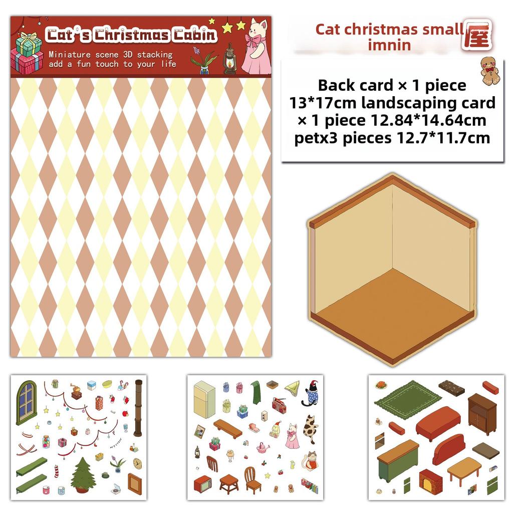 Cat Christmas House Landscape Stickers, Fun and Stress-relieving Collage Miniature World Scene Stickers