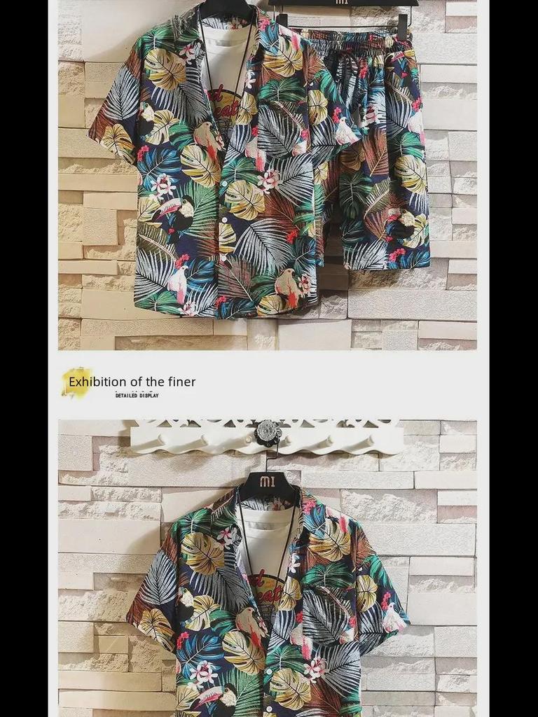 Men's Ice Silk Quick-Dry Floral Two-Piece Set: Trendy Summer Short-Sleeve Shirt & Beach Shorts, Couples' Matching Outfit.