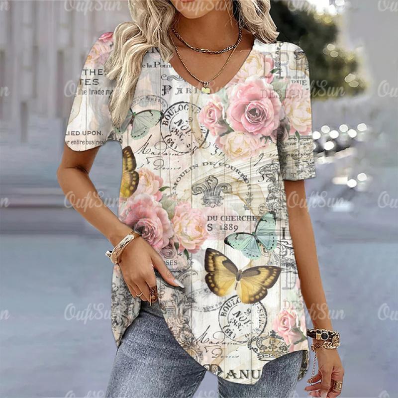 Damska koszulka 3d kwiaty drukuj topy Tee letnia koszulka z dekoltem w serek z krótkim rękawem nowy projekt swetry ponadgabarytowa moda odzież damska