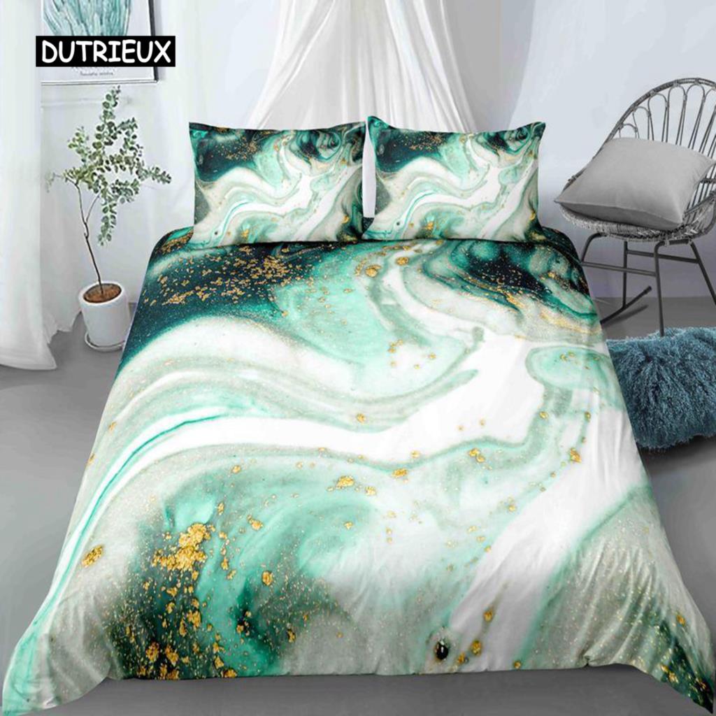 Schicker Marmor-Bettbezug aus Mikrofaser, Mint, Gold, Glitzer, Türkis, Bettwäsche-Set, abstrakt, Aquablau, Bettbezug für Einzelbett, Doppelbett, volle Größe