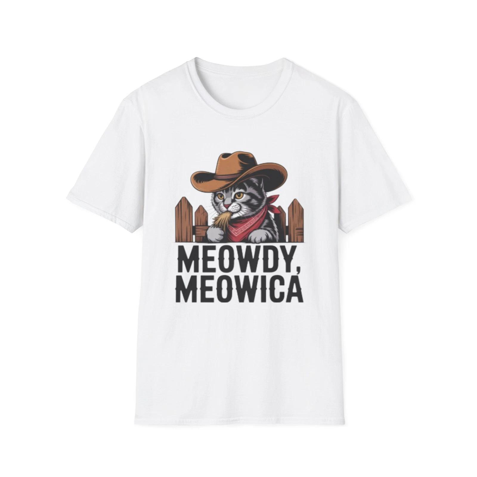 -Cowboy Cat Meowdy Meowica Fourth of July T-Shirt | Western Cat Graphic Tee L