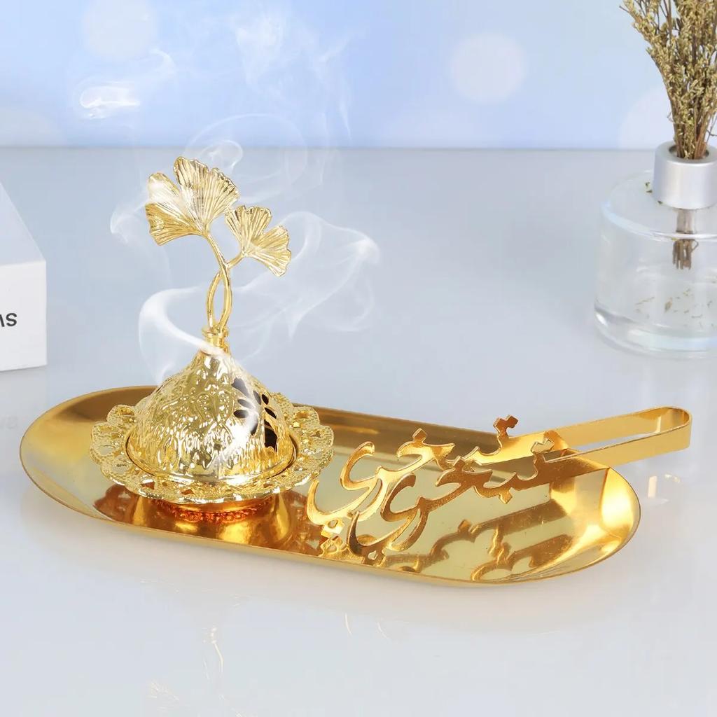 1 Set of Handheld Golden Incense Burners for Middle Eastern Arab Festivals Small Incense Burners with Metal Trays