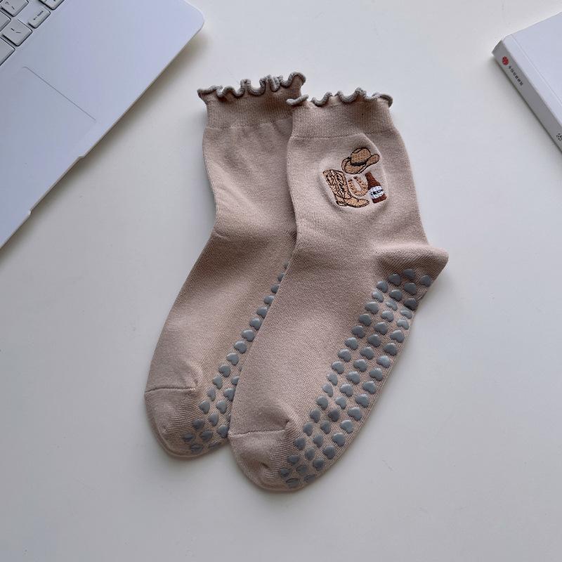 Children's Cartoon Yoga Socks - Mid-Calf, Anti-Slip, Embroidered Fluffy Bows, Fitness, Pilates Socks for Women