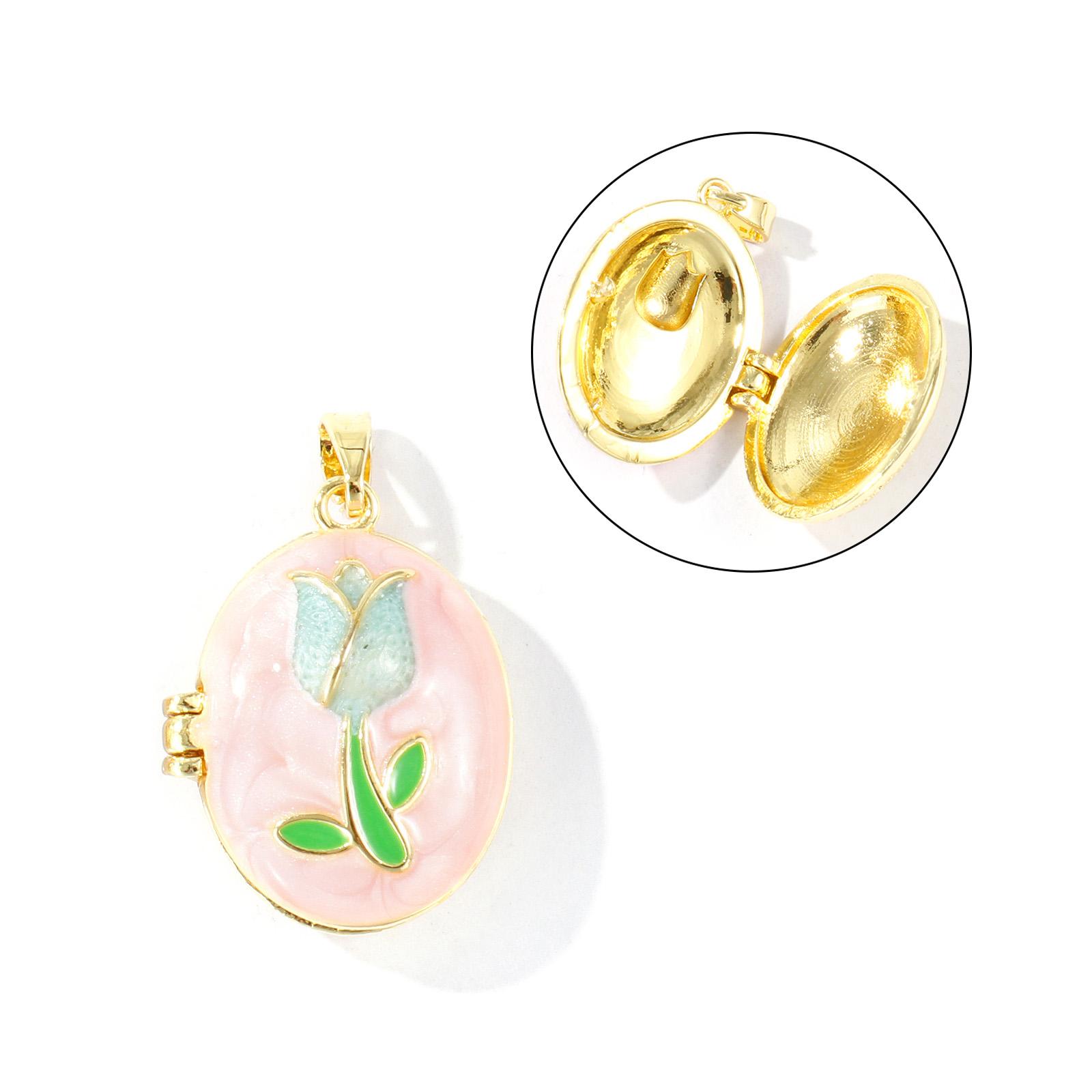 

2Pcs Oval Enamel Tulip Flower Charms Can Open Picture Photo Locket Frame Brass Pendants For Diy Necklace Jewelry Making 27x17mm
