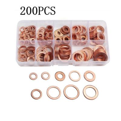 200PCS Assorted Crush Copper Gasket Seal Ring Hardware Set Metal Flat Washer Kit