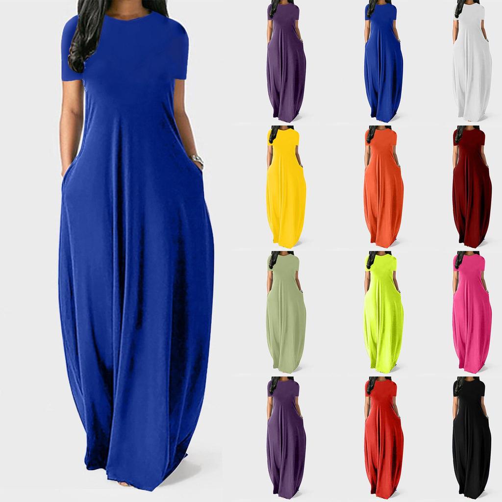 Plus Size Women’s Solid Color Round Neck Pocket Maxi Dress – Short Sleeve, Loose Fit