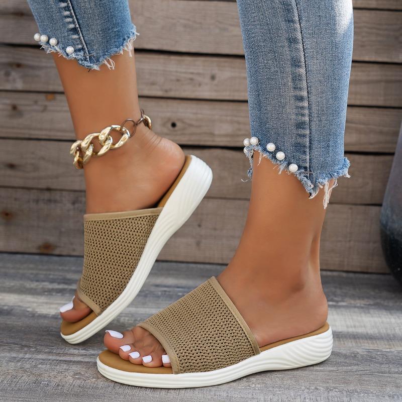 Flat Bottom Slippers Women Summer Round Head Mesh One Word Outer Wear Breathable Casual Sandal Slippers