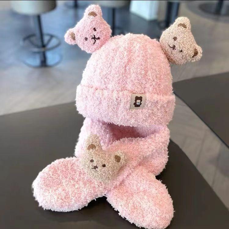 Baby hat autumn and winter plush scarf two-piece set baby boy and girl bear cute warm thickened toddler hat