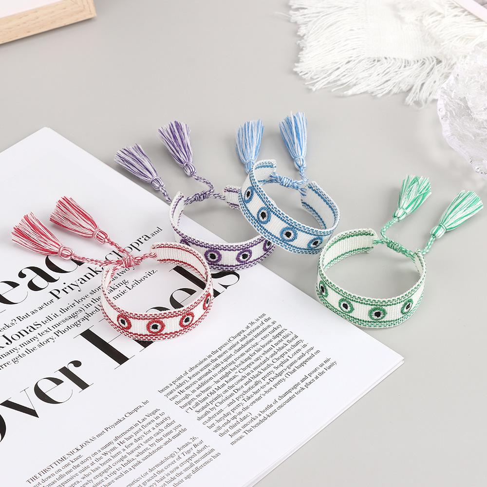 Handmade Evil Eye Tassel Bracelet - Lucky Woven Ribbon Design