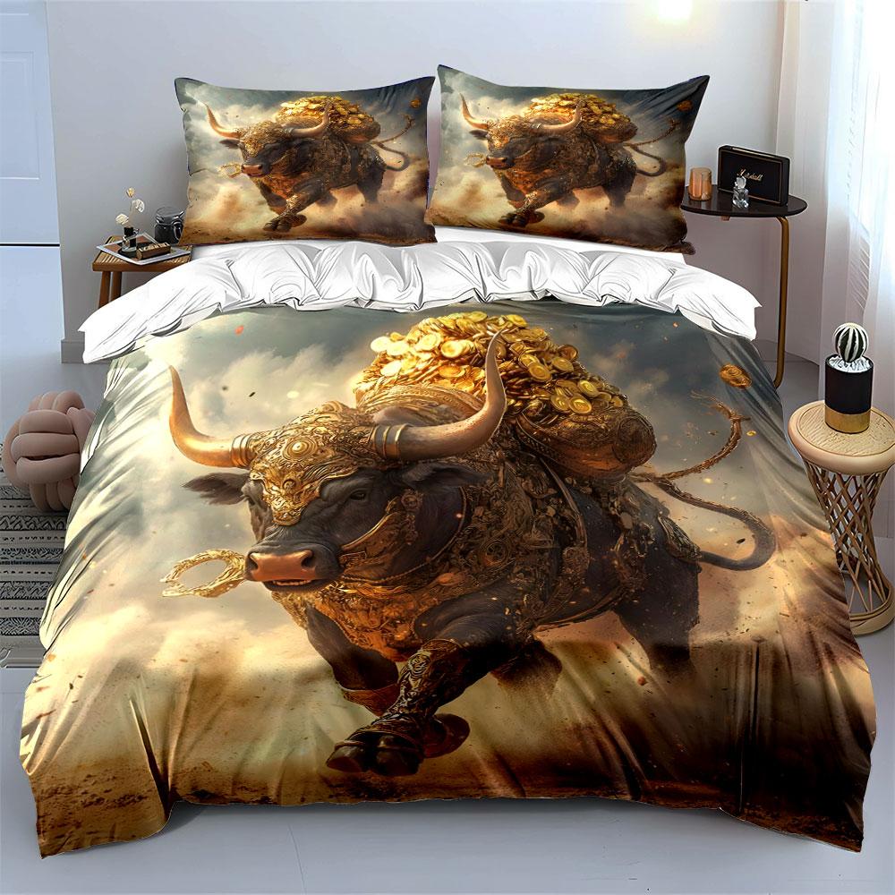 Golden Bull Statue Decor Set Multiple Sizes Kid'S And Adults' Bedroom Exquisite 3Pc Bedding Set, Gift