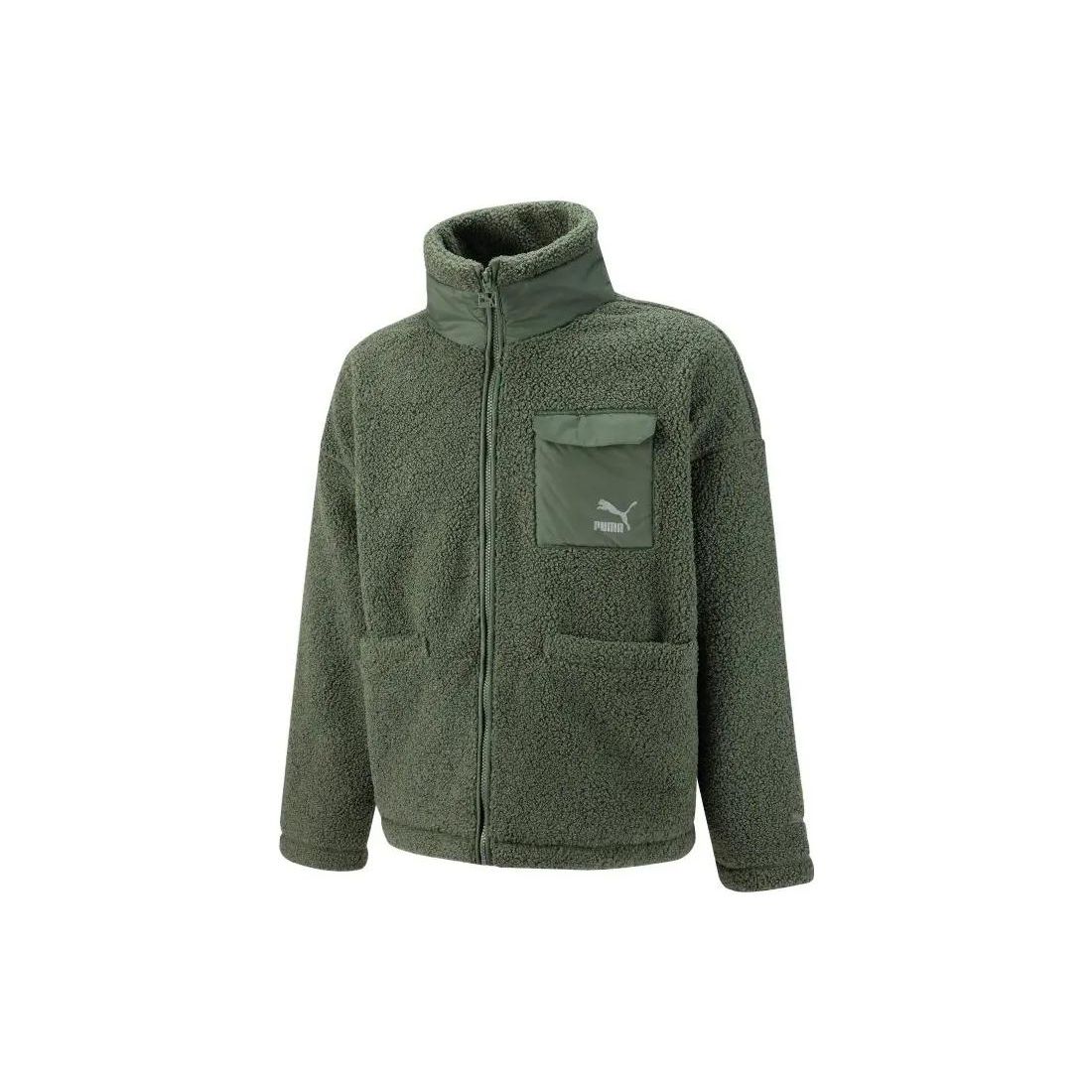 PUMA FW22 Chest Logo Embroidered Faux Shearling Jacket Unisex Green XL