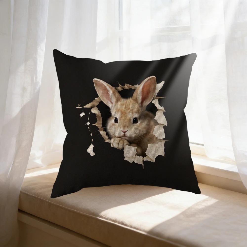 Cute Rabbit Throw Pillowcase D Flat Printed Peach Skin Animal Cushion Cover Funny Broken Wall Design Decorative Pillow