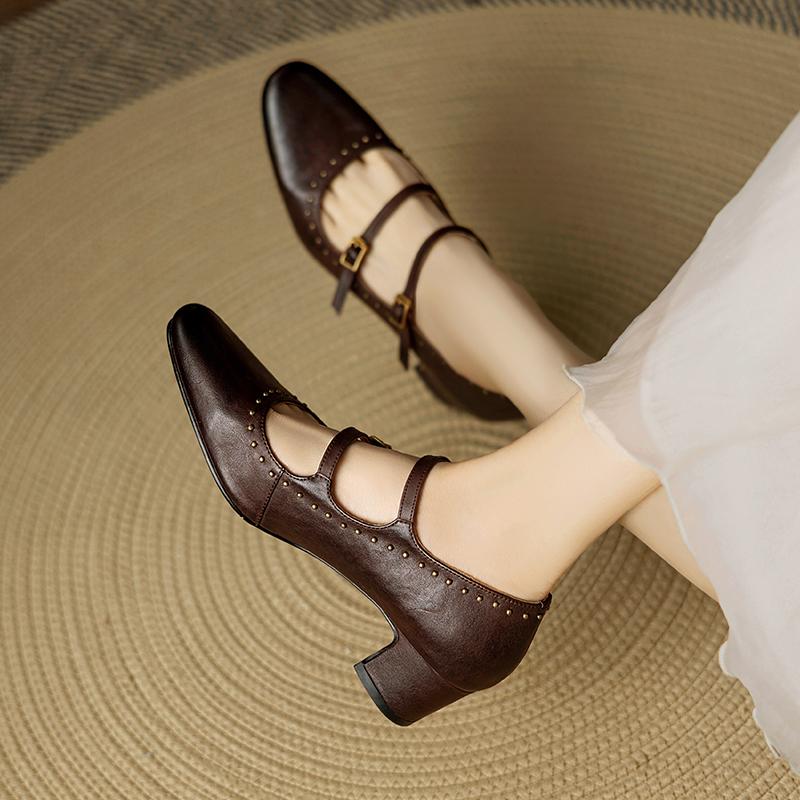 Fashion 2025 Fashion Women Pumps Shoes Chunky High Heels Leather Mary Jane Vintage Summer Round Toe Shoes Spring Woman Black Size 34-40