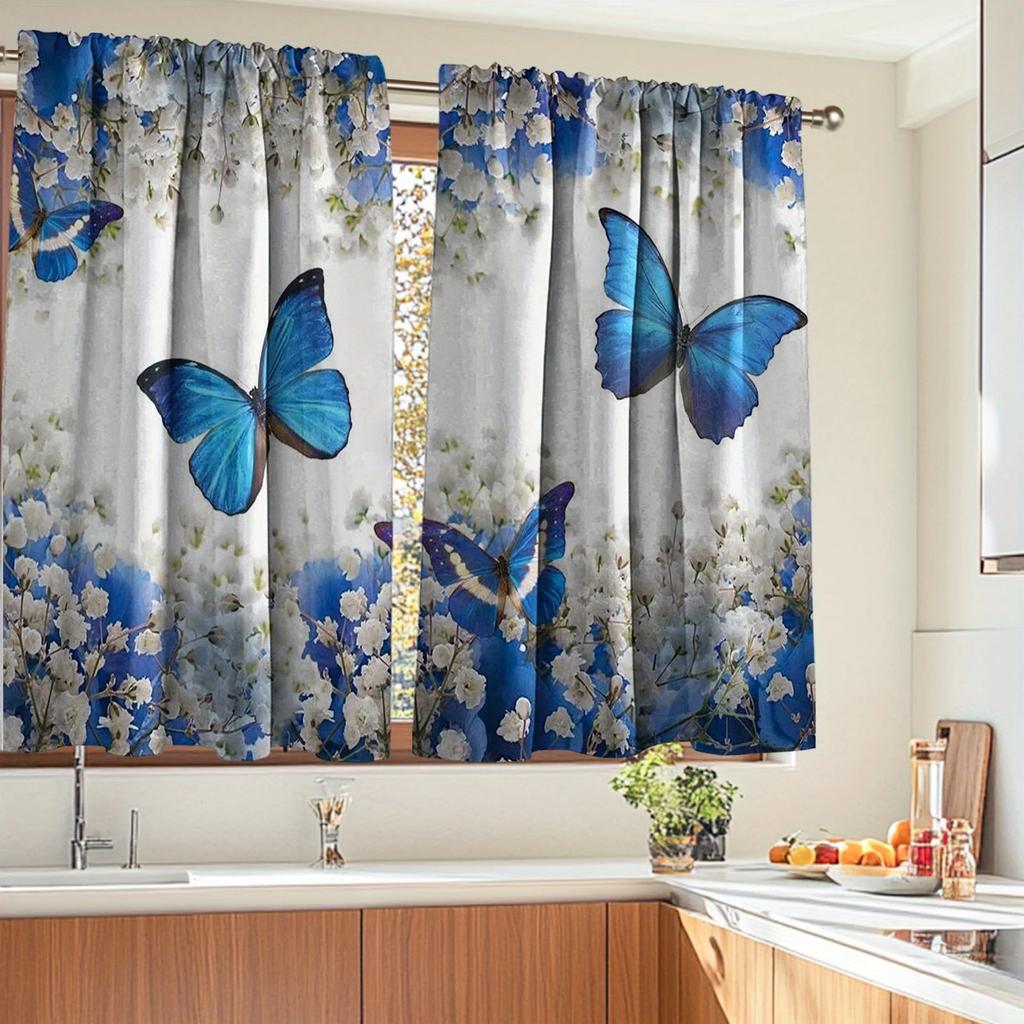 Set Of 2 Butterflies Dancing Gracefully Printed Curtains Pole Bag Home Decoration Room Made Polyester